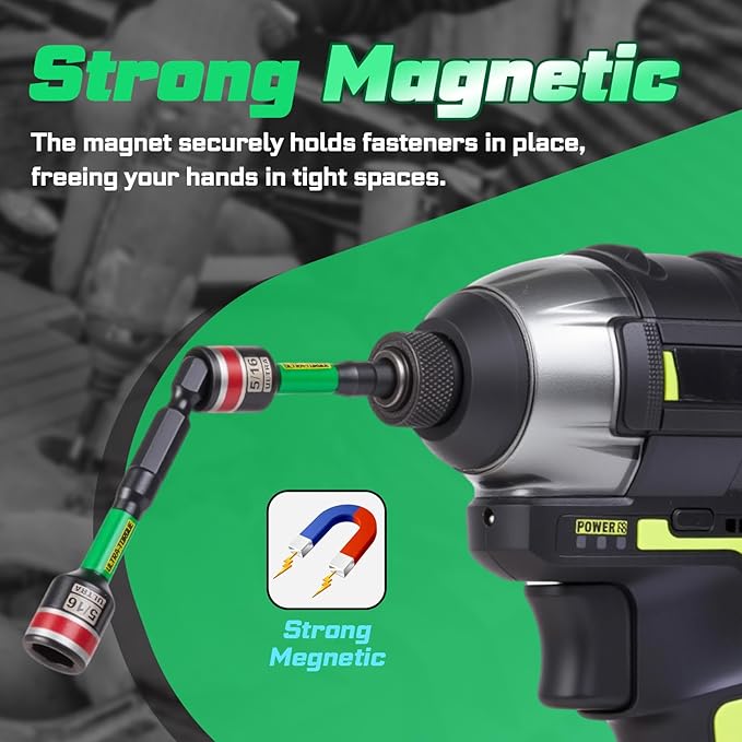 Impact Nut Driver Set, 10 Pieces 2.56???쒵ong 5/16?? Point Alloy Steel Magnetic SAE Nut Setter Set Use For Require Installing 1/4 Hex Shank Impact Driver with Case Box