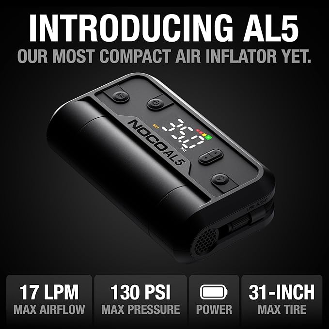 NOCO Air AL5: UltraFast 5A Cordless Tire Inflator ??Portable Battery-Powered Air Compressor Pump ??17 SLPM Airflow Inflates 0??0 PSI in 7 Minutes ??Digital Gauge + Auto-Shutoff