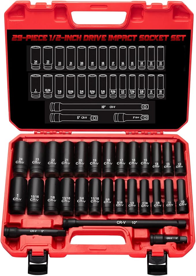1/2" Drive Impact Socket Set 29-Piece, Cr-V-M Steel Deep Socket SAE(3/8" - 1") & Metric(10-24mm) Sizes, with Extension Bar Come with Storage Case