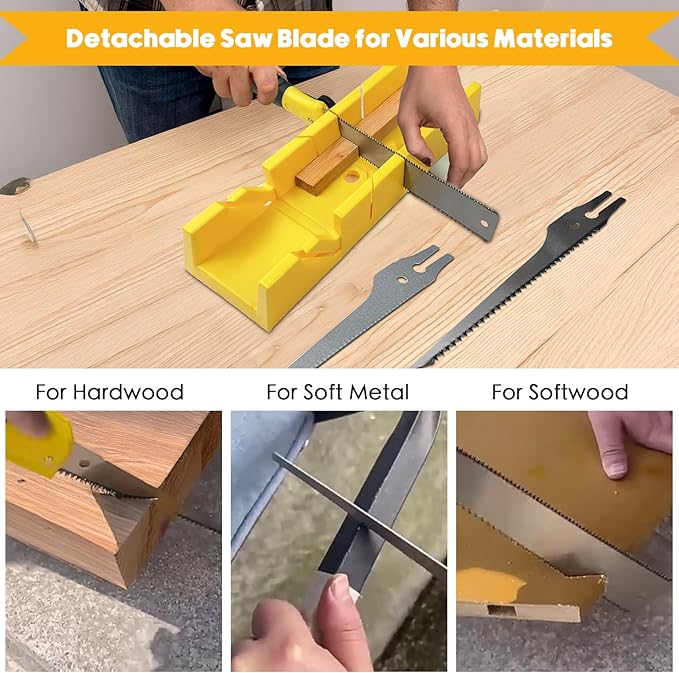 4-Piece Miter Box and Saw Set, 2.68 × 12-Inch Mitre Box with 3 Mitre Saws for Hardwood to Soft Metal Precise Miter and Bevel Cuts, Miter Box with Saw Included for Light-duty Tasks Only