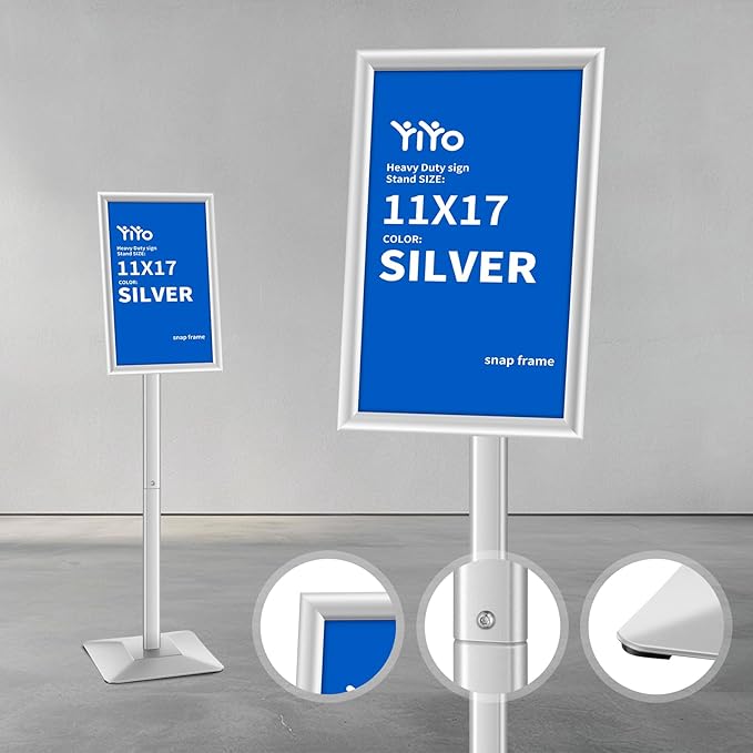 YIYO Sign Stand Poster Stand竊똞djustable heavy duty pedestal Sign Holder Floor Stand竊똞luminium frame floor standing for display 11*17 inch竊똕ilver (11*17 Silver)