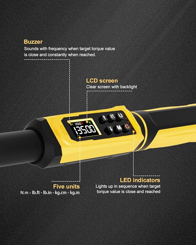 Digital Torque Wrench 3/8" Drive, 1.5-99.5 FT.Lb - 5 Units with Color Screen, Vibration/Buzzer/LED, 5" Extension & 3/8 to 1/2 Adapter, 3/8 Torque Wrench 짹2% Accuracy for Car, Motorcycle, Bike Repair