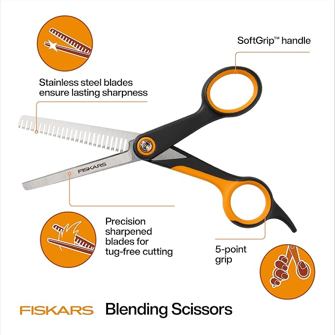 Fiskars Pet Scissors, Dog and Cat Grooming Scissors, Serrated Teeth for Thinning & SoftGrip Handle, Cat and Dog Supplies, 6.5?? Orange/Black, Blending Scissors