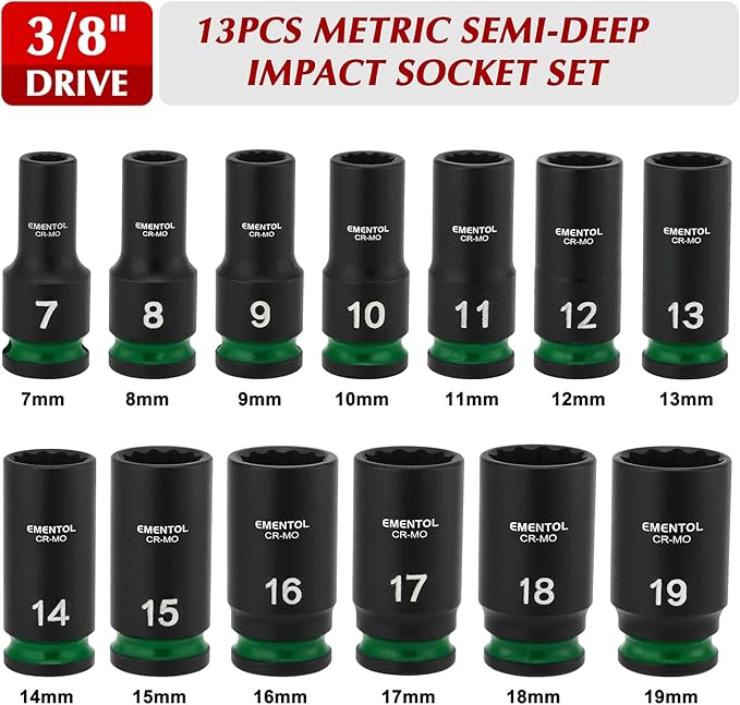 EMENTOL 3/8" Drive Impact Socket Set, Semi-Deep Sockets, 13 Pieces, Metric (7-19mm), 12 Point, CR-MO, Stamped and ink filled