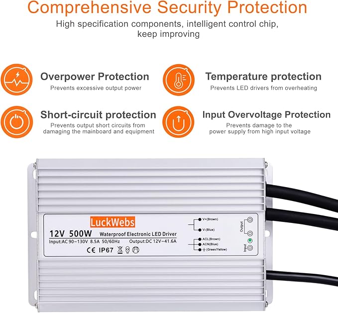 LED Driver 12V500W Waterproof Power Supply AC 90-130V to DC 12V41.6A Low-Voltage IP67 Switching Power Supply LED Strip Outdoor Light Box Waterproof Transformer