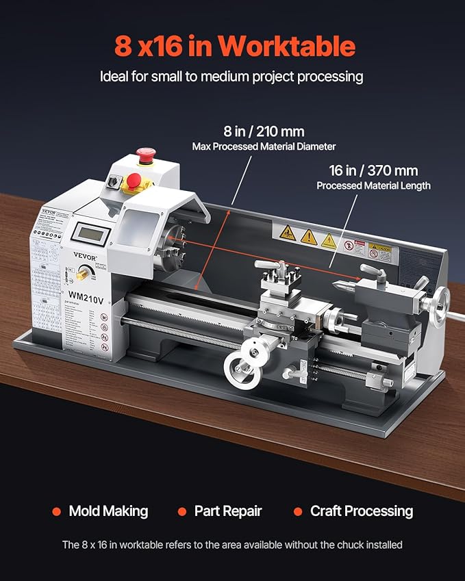 VEVOR High-quality Metal Lathe, 8 x 16 in, 550W Benchtop Lathe Machine, 0-2500 RPM Variable Speed, with 0.0003 in Spindle Accuracy Metal Gear, for Precision Parts Thread Soft Metals Wood