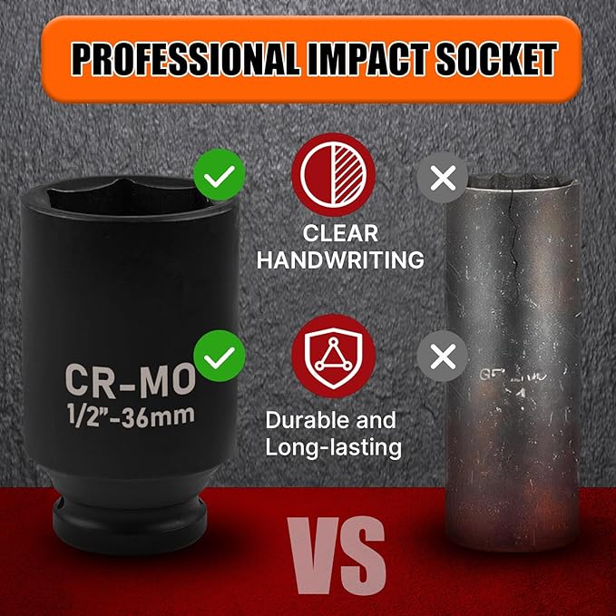 1/2" Drive Standard Impact Socket, 32mm Metric Socket, Axle Nut Socket Heat-Treated CR-MO Anti-Rounding 6 Point for Easy Removal of Axle Shaft Nuts