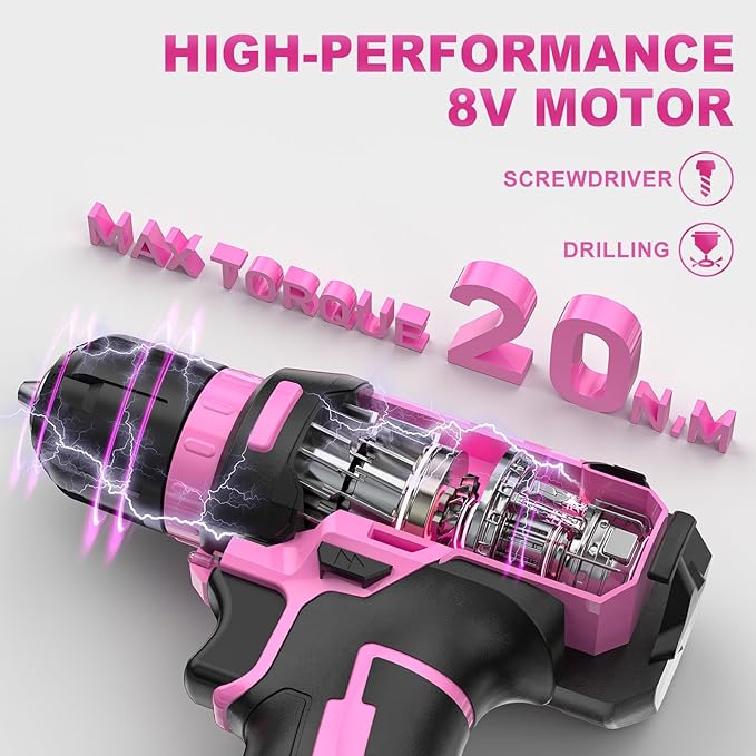 8V Cordless Drill Driver Set with 3/8" Keyless Chuck, 15pcs Bits, Type-C Charging, Built-in LED and Variable Speed for Drilling and Screwing, Toolbox (Pink)