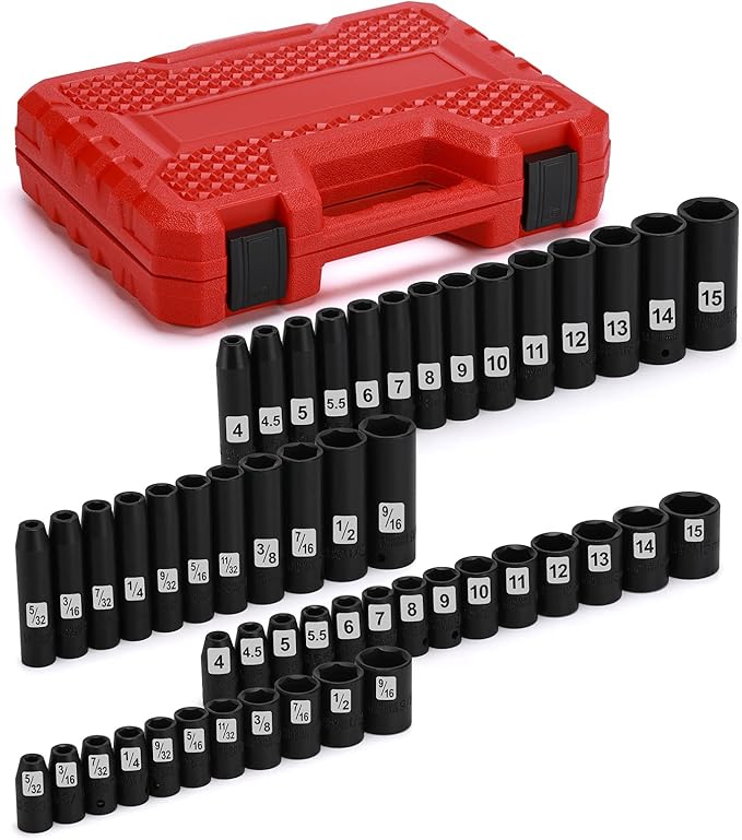 AIRTOON 1/4" Drive Impact Socket Set, 50-Piece, SAE (5/32 to 9/16 inch) and Metric (4-15mm) Size, Deep/Shallow, 6 Point, CR-V, Master Impact Socket for Household, Automotive Repair