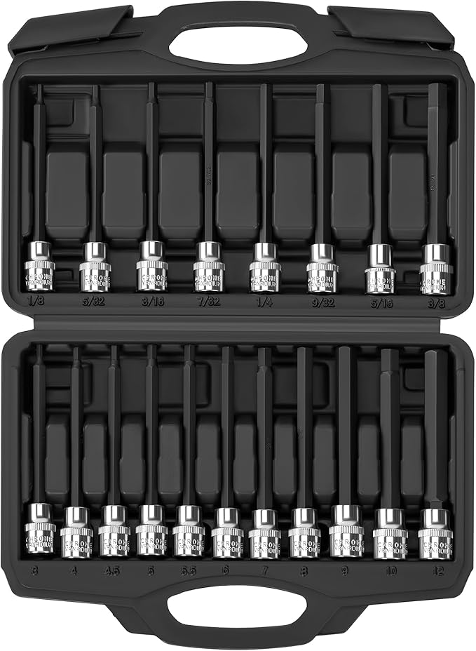 19-Piece 3/8 Inch Drive Extra Long Allen Hex Bit Socket Set, Standard SAE (1/8" - 3/8") & Metric(3mm-12mm)