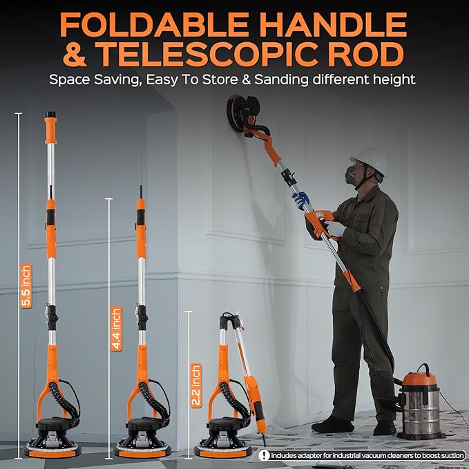 Drywall Sander Tool, KUPERIA 8.5 Amp Popcorn Ceiling Removal Tool with 7 Variable Speed 800-1800RPM,Electric Drywall Sander with Extendable Handle,LED Light,6 Basic Sand Paper& 6 Grid Sandpaper,Orange