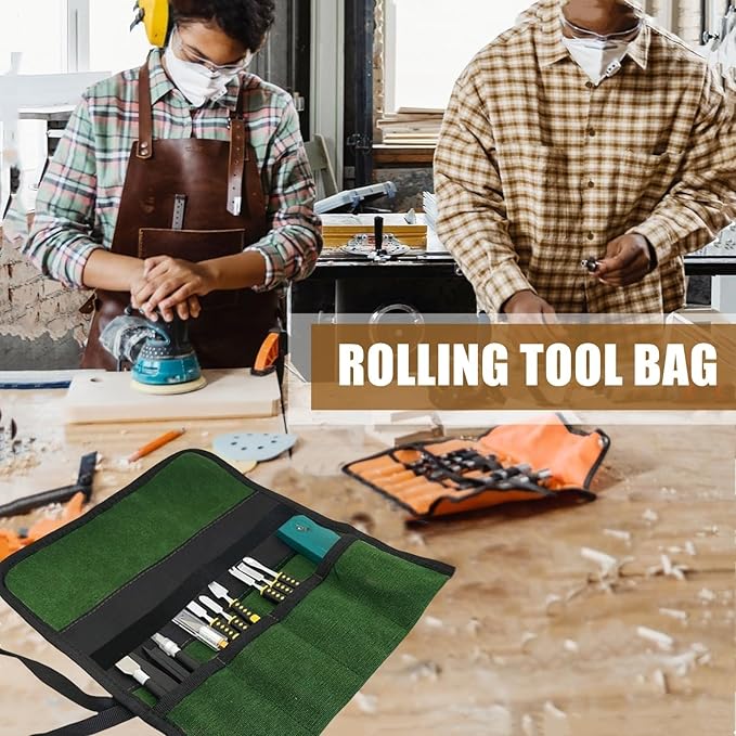 BLIRITEL Small Canvas Tool Roll Up Bag - Chisel Organizer With 4 Pockets for Metal Pry Bar, Plier, Wrench - Pouch for Mechanic, Carpenter, Craftsman