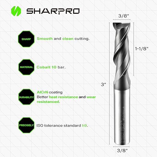 3/8 End Mills 3/8 Inch Shank, 2 Flute Carbide Square Endmill with AlCrN Coated, Upcut Spiral CNC Router Bits for Alloy Steel, Metal and Stainless Steel（5PCS）