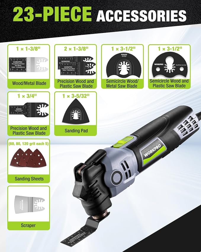 WORKPRO 400W Oscillating Multi-Tool, 6-Speed Corded Power Saw with LED Light, Quick Blade Change, 3.5째 Oscillation Angle, 22 Accessories for Cutting, Sanding, Scraping