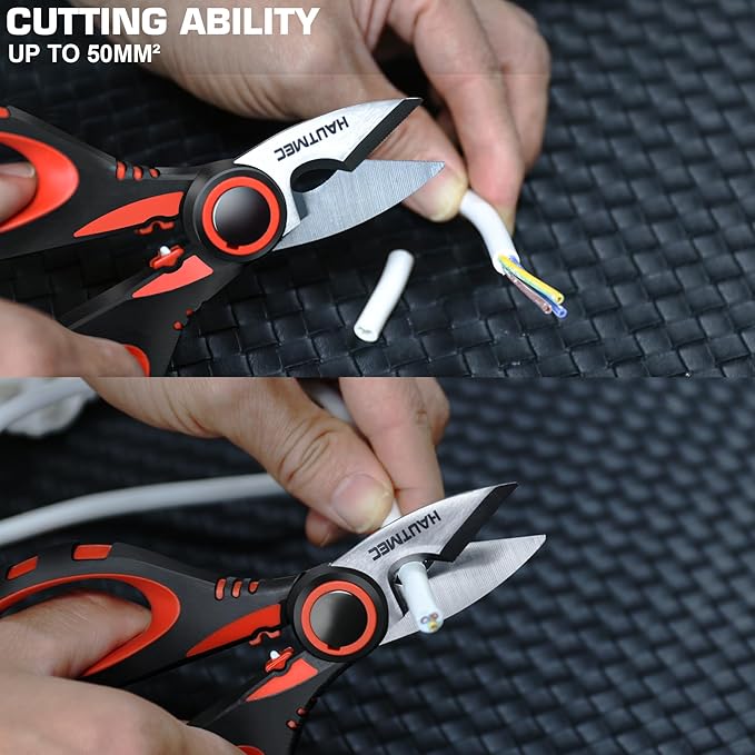 HAUTMEC Heavy-Duty Electrician Scissors, 6-1/4" Professional Electrician Shears with Stainless Serrated & Notch Blade, Wire Stripping, Cable Cutting & Crimping, Ergonomic Fiberglass Handle, HT0416