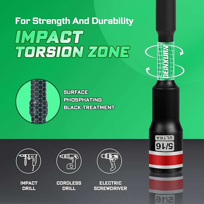 Impact Nut Driver Set, 10 Pieces 2.56???쒵ong 5/16?? Point Alloy Steel Magnetic SAE Nut Setter Set Use For Require Installing 1/4 Hex Shank Impact Driver with Case Box