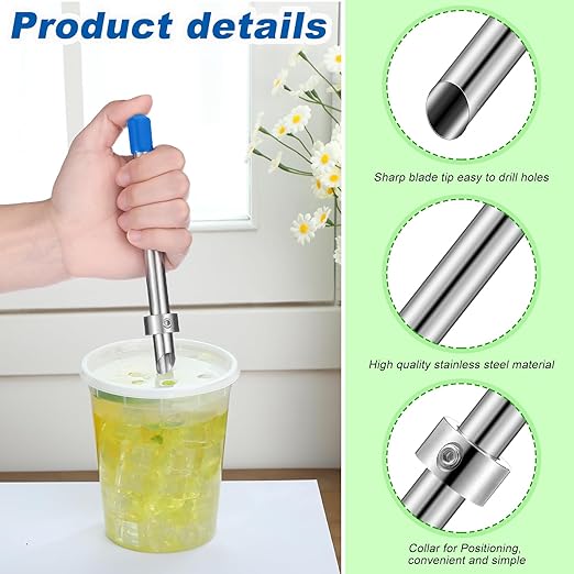 Lasnten 1 Pack Straw Puncher for Plastic Lids Lemonade Cups, Stainless Steel Straw Hole Puncher Punching Tools for Cafe Drinks Deli Container Fresh Squeezed Lemonade Stand Supplies(6.3 Inch,Blue)
