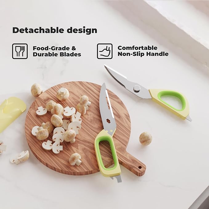 Zuutii Magnetic Kitchen Scissors, Heavy Duty Multi-Purpose Cooking Shears - Dishwasher Safe, Comfort Grip with Safety Lock Food Scissors for Chicken Bones, Herbs, Poultry, Vegetables,Yellow&Green