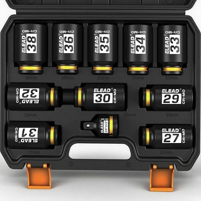1/2'' Drive Deep Impact Socket Set: 11-Piece Metric Wheel Axle Nut Wrench Large Jumbo 27mm 29mm 30mm 31mm 32mm 33mm 34mm 35mm 36mm 38mm Car Spindle Joint High Torque Truck Bearing Locknut