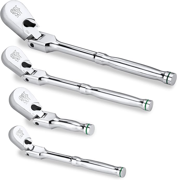 SK 4-Piece Flex-Head Ratchet Set, 1/4", 3/8", 1/2" Drive Ratchet, 90-Tooth, Premium CR-V Construction, Reversible Design, with Contoured Handle