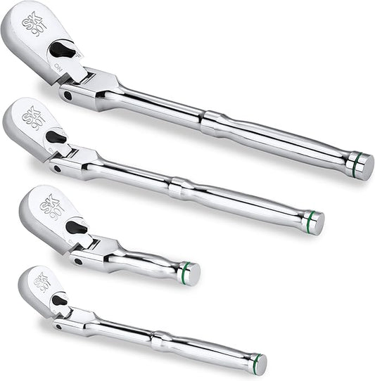 SK 4-Piece Flex-Head Ratchet Set, 1/4", 3/8", 1/2" Drive Ratchet, 90-Tooth, Premium CR-V Construction, Reversible Design, with Contoured Handle