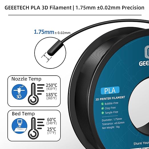 Geeetech PLA Filament 1.75mm Black, 1kg (2.2lbs) Spool, Neatly Wound 3D Printer Filament, Tangle-Free, Dimensional Accuracy +/- 0.02mm, Fits Most FDM 3D Printers