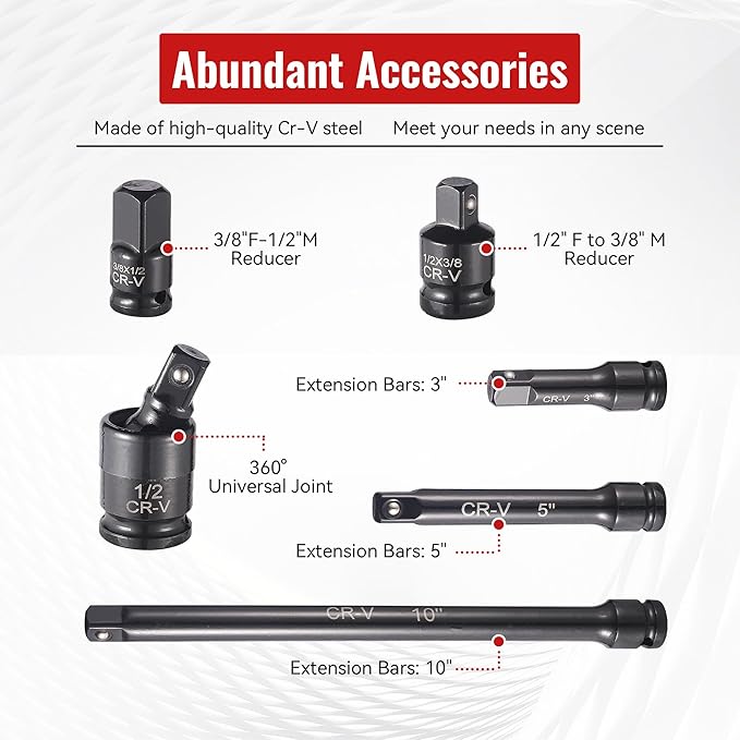 25-Piece 1/2" Drive Socket Set, Metric(10mm-32mm), Deep Sockets, Extension Bars, 1/2" F to 3/8" M Reducer,3/8" F to 1/2" M Reducer, Universal Joint, 6 Point Design, Cr-V