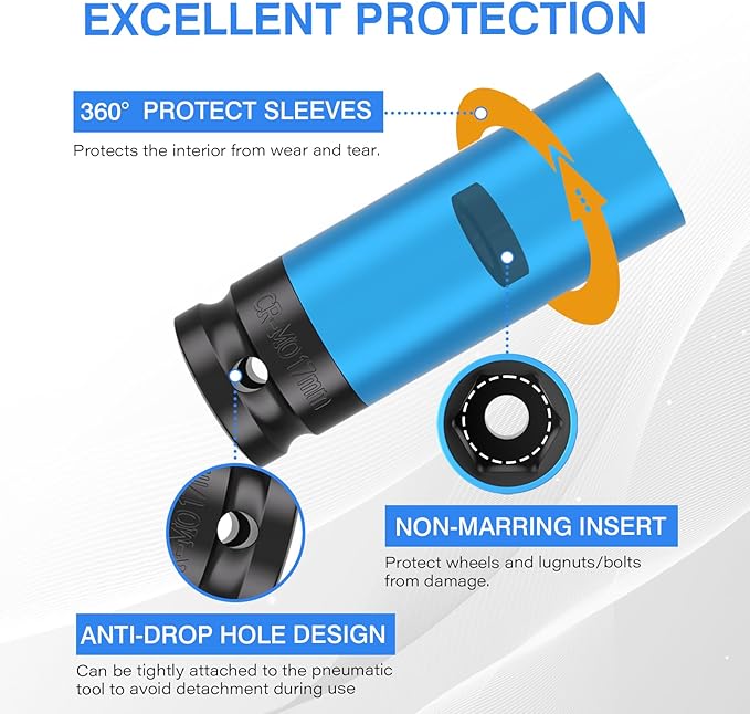 4PCS 1/2" Drive Wheel Protector Impact Socket, Non-Marring Lug Nut Deep Socket Set, CR-MO, 6 Point, Color-Coded Protective Socket | Metric 17 19 21 22 mm