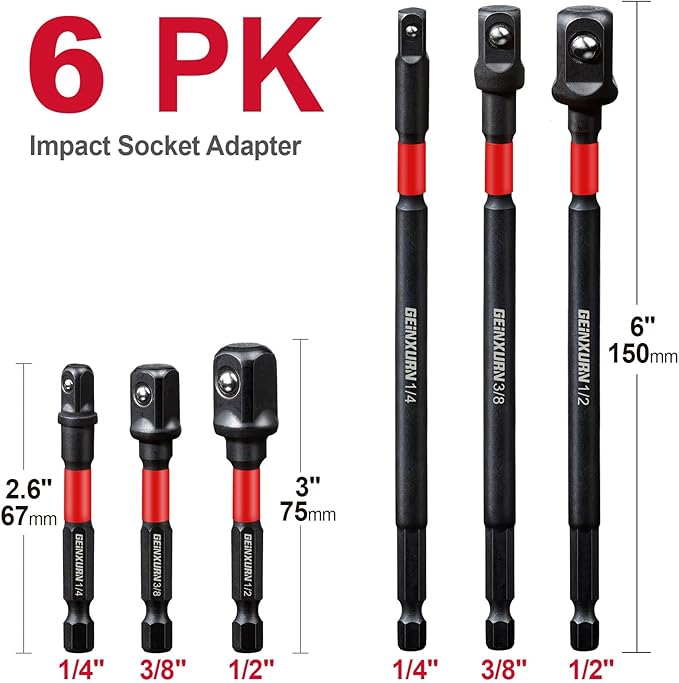 6Pcs Impact Socket Adapter Set,1/4" 3/8" and 1/2" Drive, (3" and 6") Extension Bit with Holder, Adapt Your Power Drill to High Torque Impact Wrench