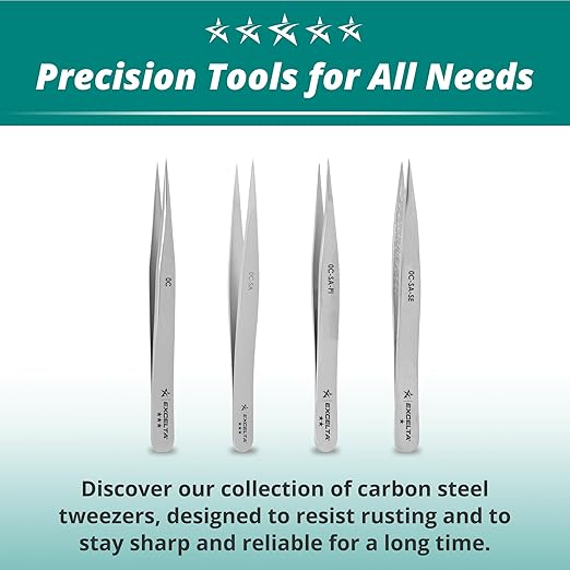 Excelta Straight Fine Point Tweezers, Carbon Steel, Flame Hardened Tips For General Assembly, 3.5" Length, Professional