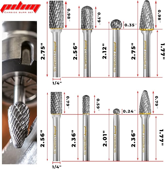 Tungsten Carbide Burr Set 1/4" Shank 8PC Double Cut Rotary Cutting Burrs Die Grinder Bits for Steel and Wood Working, Grinding, Carving, and Engraving