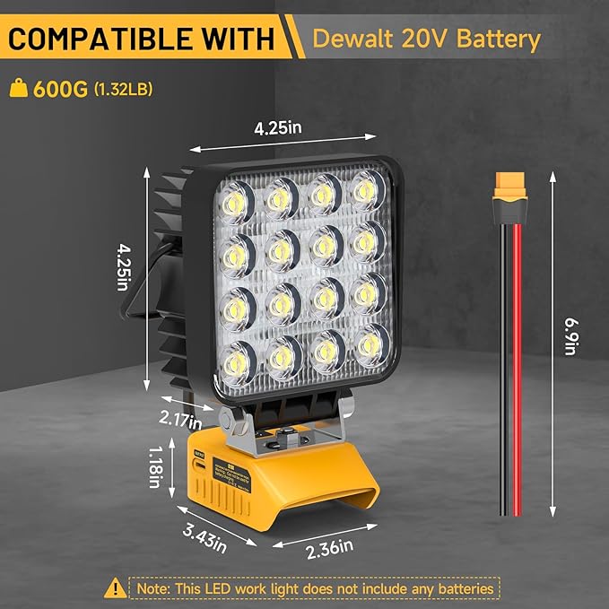 New Upgrade LED Work Light Compatible with Dewalt 20V Battery, 48W 4800LM Flashlight, 20V Battery Cordless Work Light with Low Voltage Protection & Dual USB & Type-C Charging Port (48W)