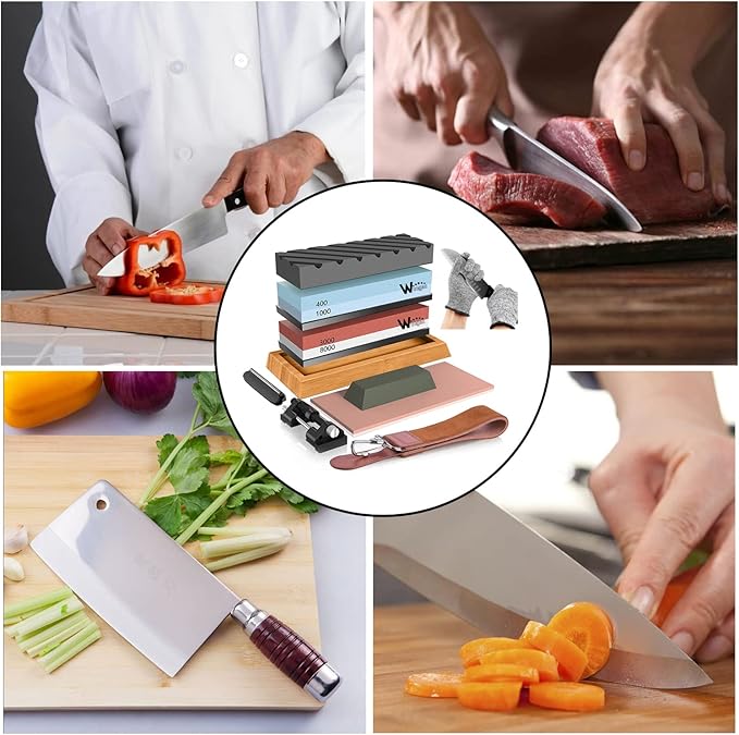 Knife Sharpening Stone Kit ??400/1000 3000/8000 Grit Wet Kitchen Whetstone Knife Sharpener Set with Non-slip Bamboo Rubber Base, Angle Guide, Flattening, Leather Strop and Cut Resistant Gloves