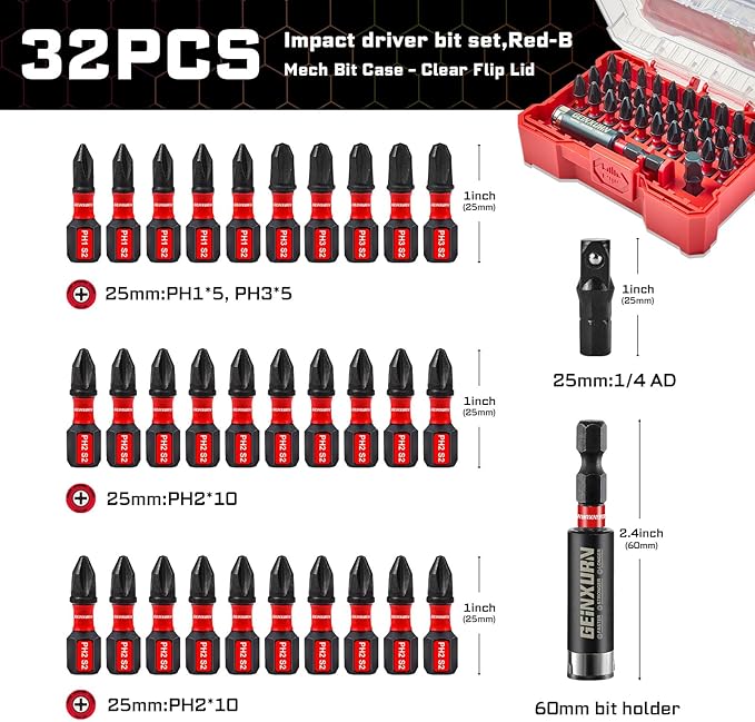 32Pieces Impact Screwdriver Bits Set, S2 Steel Magnetic Phillips Muliti Insert Bits Tips Set with Impact Bit Holder and 1/4?쒾ocket Adapter(Red Storage Box Case)