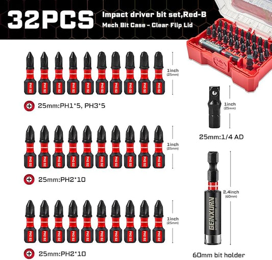 32Pieces Impact Screwdriver Bits Set, S2 Steel Magnetic Phillips Muliti Insert Bits Tips Set with Impact Bit Holder and 1/4?쒾ocket Adapter(Red Storage Box Case)