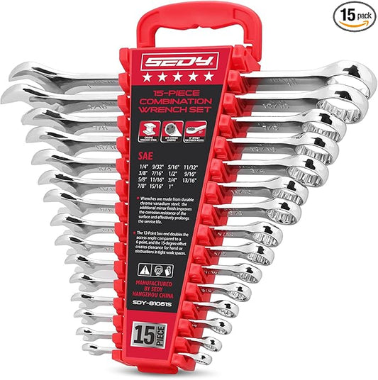 15-Piece SAE Combination Wrench Set, 1/4''??'' 12-Point Open End and Box End Wrench Kit with Organizer, Chrome Vanadium Steel Tools for Mechanics, Garages and Workshops