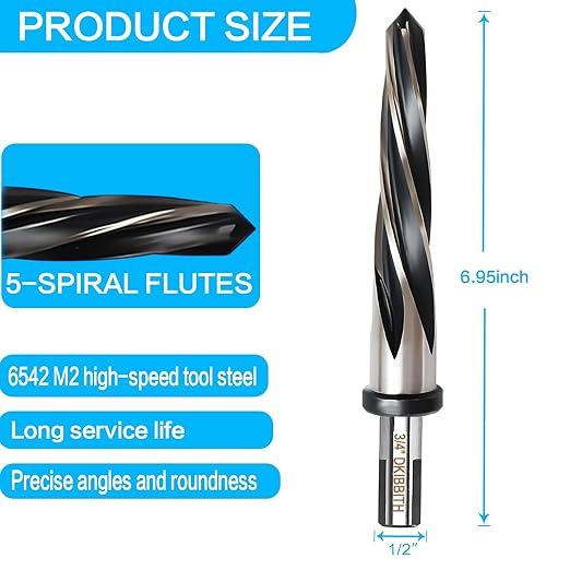 3/4??Bridge Construction Reamer Drill Bit, M2 HSS Taper Chucking Reamer for Steel Alloy Metal Wood Plastic, 1/2" Non-Slip Shank, 5-Spiral Flutes Car Reamer, to Align or Enlarge Holes, 19mm