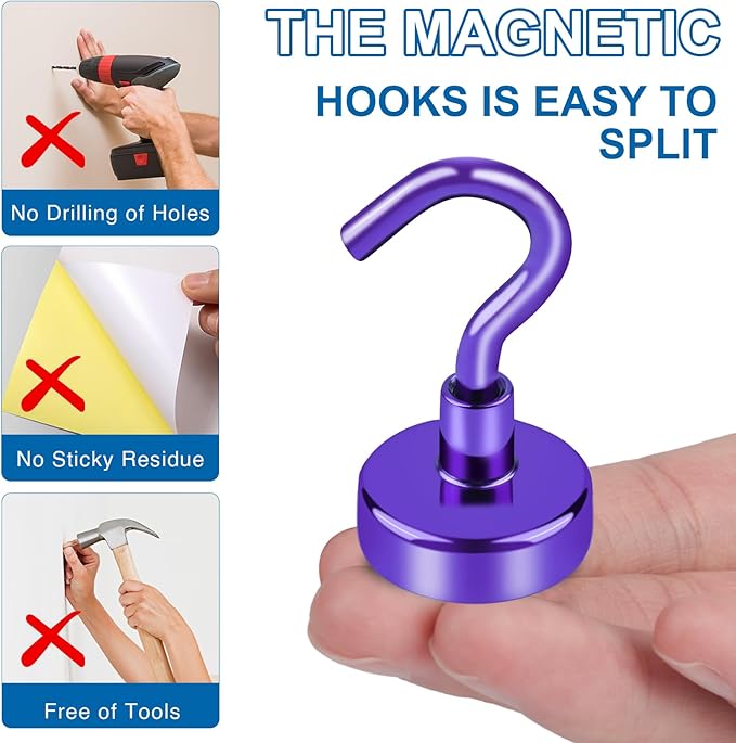 LOVIMAG Cruise Must Haves, 50Lbs Purple Magnetic Hooks for Cruise Cabins, Cruise Door Magnets, Magnetic Hooks for Hanging, Refrigerator, Celling - 12 Pack