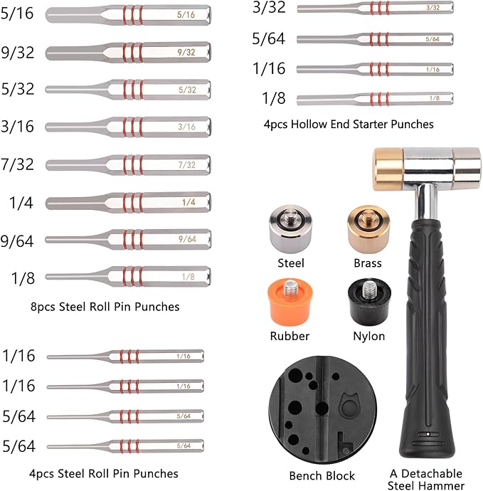 Pridefend Punch Set, Roll Pin Punch Set Made of Solid Metal Material,Elite Tool Including Steel Pin Punch Set, Roll Pin Starter Punch and Hammer,with Organizer Storage Box (with Bench Block)