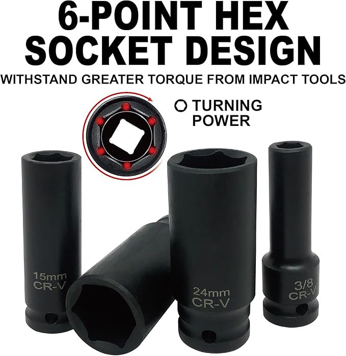 29pcs 1/2" Drive Impact Socket Set, Deep & Standard Sockets with Extension Bars, Cr-V Steel, SAE 3/8"-1", Metric 10mm-24mm