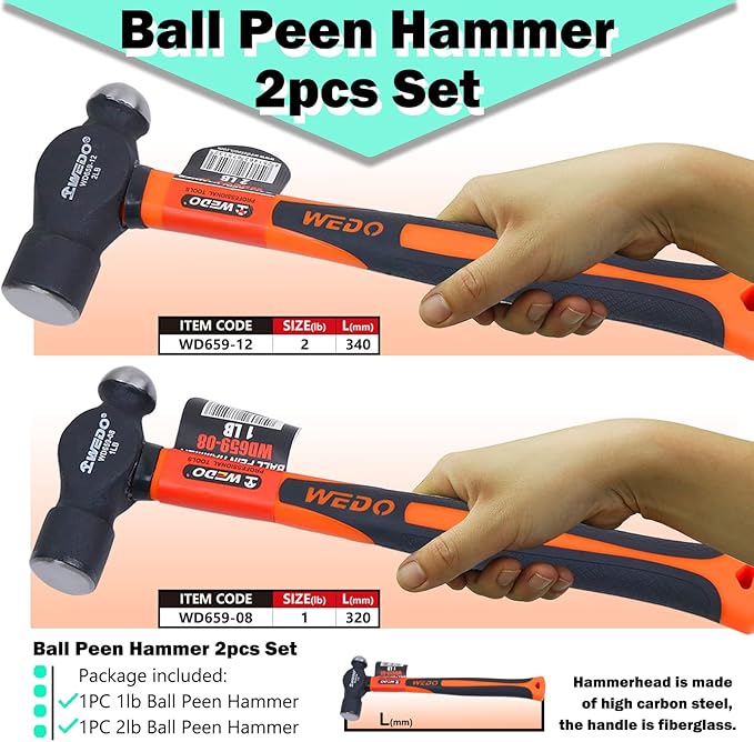 WEDO 2PCS Ball Pein Hammer Set,1lb+1.5lb,Fiberglass Handle,Ball Peen Hammer, High Carbon Steel,Shock Resistant, Non-Slip Handle, Die-forged