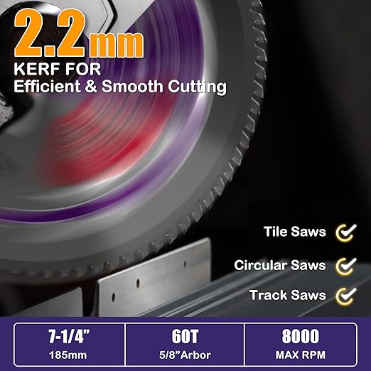 7-1/4" 60T Aluminum Circular Saw Blade, Tungsten Carbide Tipped Cutting Blade for Non-Ferrous Metal, Copper, Polycarbonate, Drywall, MDF, Plastic, 5/8" 1PC