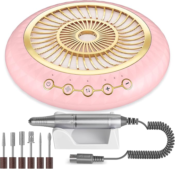 2 in 1 Nail Dust Collector Quiet , 5000RPM Vacuum Fan Extractor with Reusable Filter & 30000RPM Electric Nail Drill File Professional with 6 Bits - Home/Salon Use, Pros Tech & Beginners