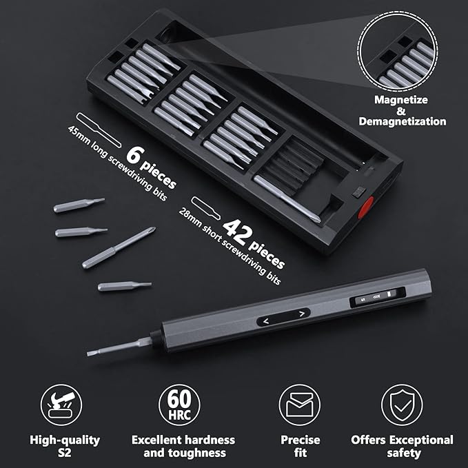 Precision Screwdriver Set, 5 Gear Torque, Mini Electric Screwdriver with OLED Screen, Small Screwdriver Set Rechargeable with 48 multifunctional bits and shadowless LED lights