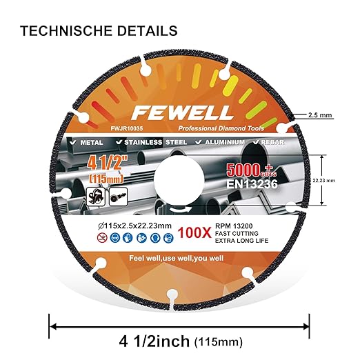 FEWELL 4 1/2 Inch Diamond Cutting Wheel with 7/8" Bore,Metal Cut Off Wheel with 5000+ Cuts for Angle Grinder on Metal,Rebar,Steel,Iron and INOX(3 Pack)