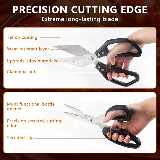 2-Piece Kitchen scissors (1 Heavy-Duty Poultry Shears + 1 Chicken Bone scissors) Stainless Steel Cooking Shears, Multi-purpose kitchen shears for meat, fish, vegetables, and poultry.