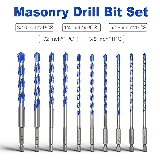 10 Pack 3/16 to 1/2 inch Concrete Drill Bit Set,Masonry Drill Bit Set with Hex Shank,Carbide Tip Drill Bits for Concrete, Tile,Brick, Cement, Plastic, and Ceramic (3/16" - 1/2"竊?0 Pcs竊?