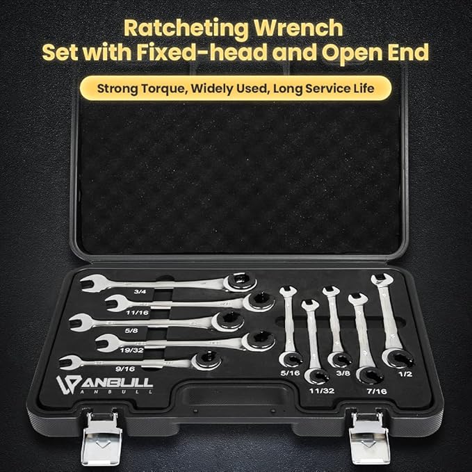 Anbull 10PCS SAE Combination Wrench Set with Open-end Fixed-Head, Standard Tubing Ratchet Wrench with 72 Gears CR-V Steel Constructed 3/8'' 7/16'' 1/2'' 9/16'' 5/8'' 5/16'' 11/32'' 19/32'' 3/4''
