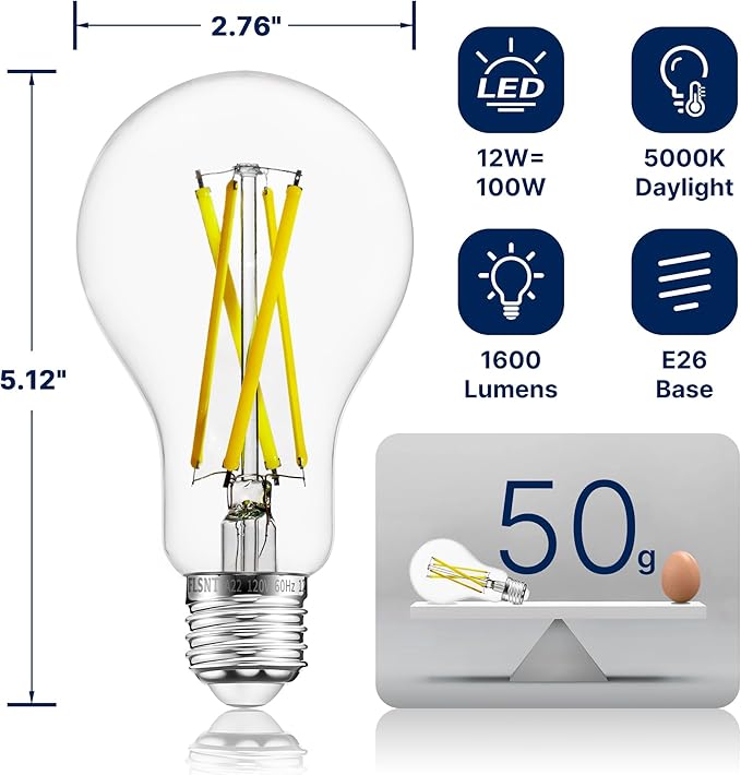 FLSNT 100W Equivalent Dimmable A21 LED Light Bulbs, Efficient 12W, 1600Lumens, 5000K Daylight, CRI90, E26 Medium Base, Clear Glass, 4 Pack