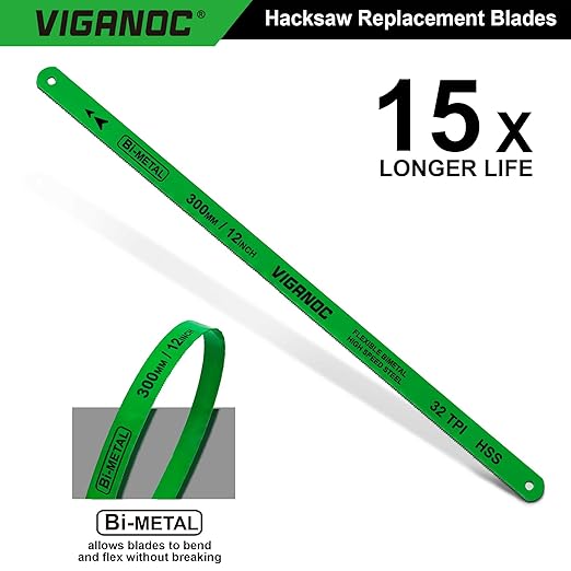 12"(300mm) Hacksaw Replacement Blades Set, Bi-Metal High Speed Steel Hack Saw Blade Sets 32T HSS Saw Blades, 10 Pack